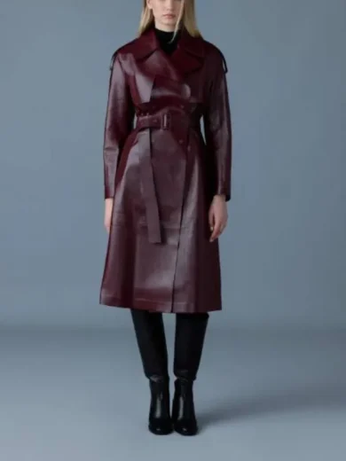 A Merry Little Ex-Mas 2025 Jameela Jamil Burgundy Leather Coat