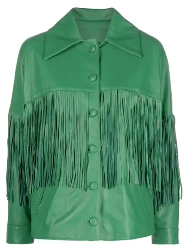 Green Fringe Leather Jacket for Women