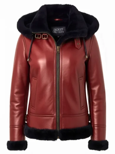 womens b3 hooded red shearling leather bomber jacket