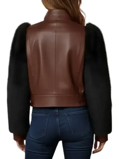 Brown Leather Black Fur Sleeve Jacket