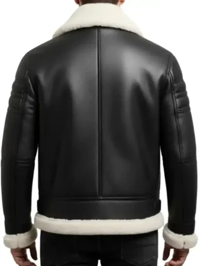 Black Leather White Fur Shearling Bomber Jacket