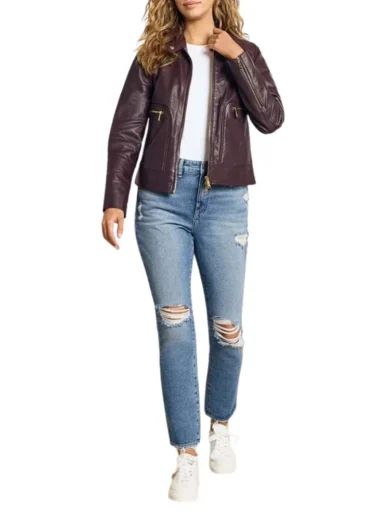 Maroon Biker Jacket Women With Snap Tab Collar