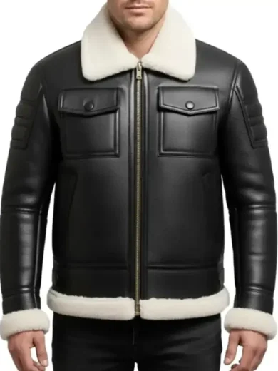 Black Leather White Fur Shearling Bomber Jacket