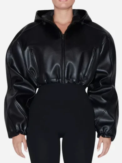 Kylie Jenner Cropped Hooded Leather Jacket