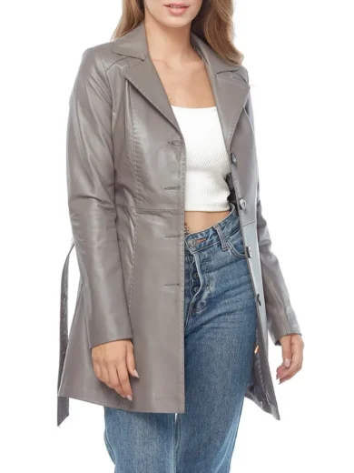 Noa Grey Leather Coat For Women