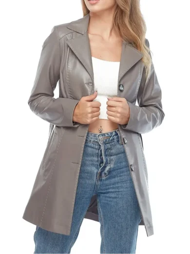 Noa Grey Leather Coat For Women