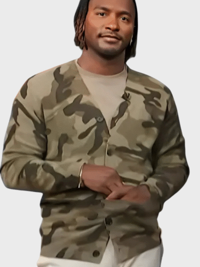 Scott Evans's Camo Cardigan Sweater at Access Hollywood 2024