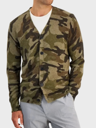 Scott Evans's Camo Cardigan Sweater at Access Hollywood 2024