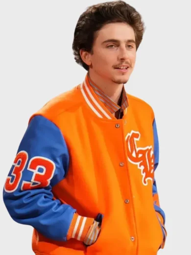 Timothée Chalamet Knicks NBA Playoffs Game Orange Jacket