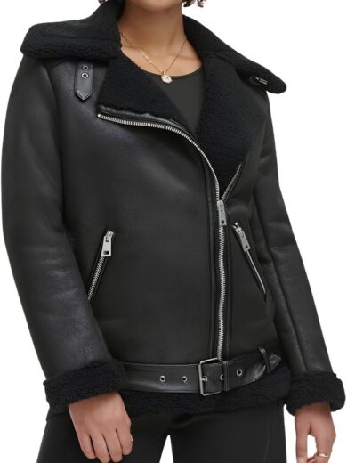 Black Asymmetrical Shearling Leather Jacket