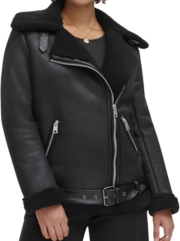Black Asymmetrical Shearling Leather Jacket