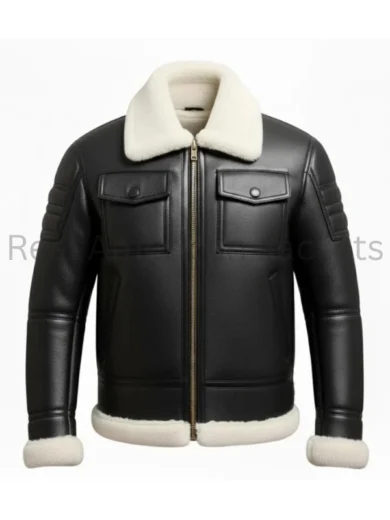 Black Leather White Fur Shearling Bomber Jacket