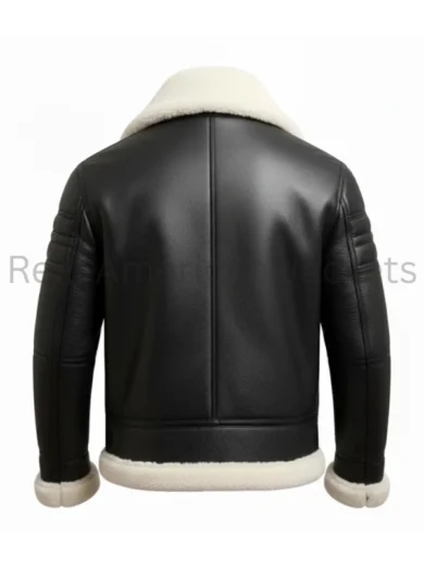 Black Leather White Fur Shearling Bomber Jacket
