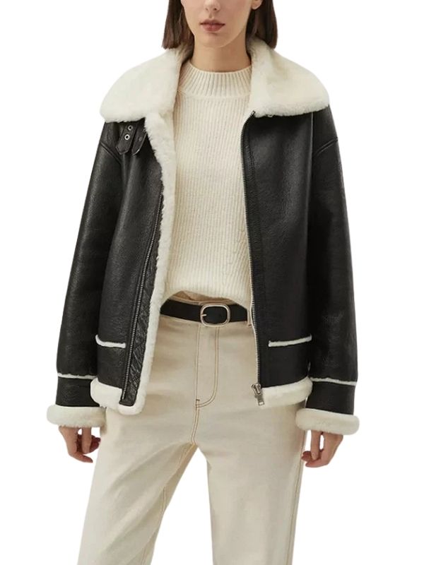 Black Leather White Fur Shearling Bomber Jacket